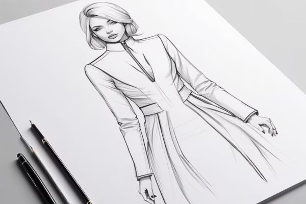A black-and-white sketch of a woman in a long, tailored coat with a high collar, on a white sheet with two pencils beside it.
