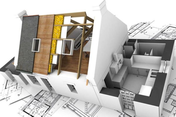 A 3D house model with a cutaway reveals interior layouts and structural details, showcasing textures over architectural blueprints.